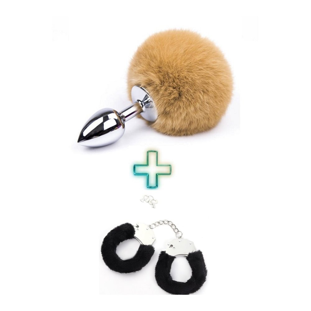 Metal Kahverengi Ponpon Kuyruklu Anal Plug ve Siyah Peluşlu Oyuncak
