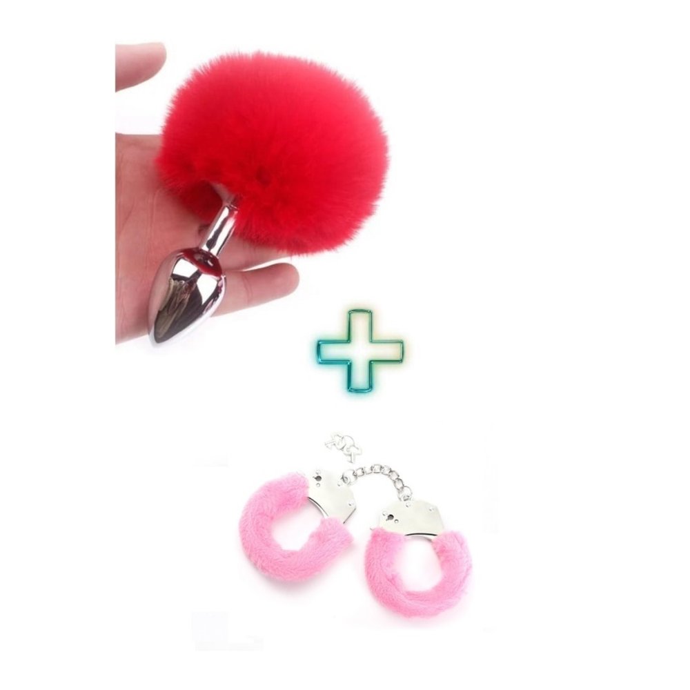 Metal Kırmızı Ponpon Kuyruklu Anal Plug ve Pembe Peluşlu Kelepçe