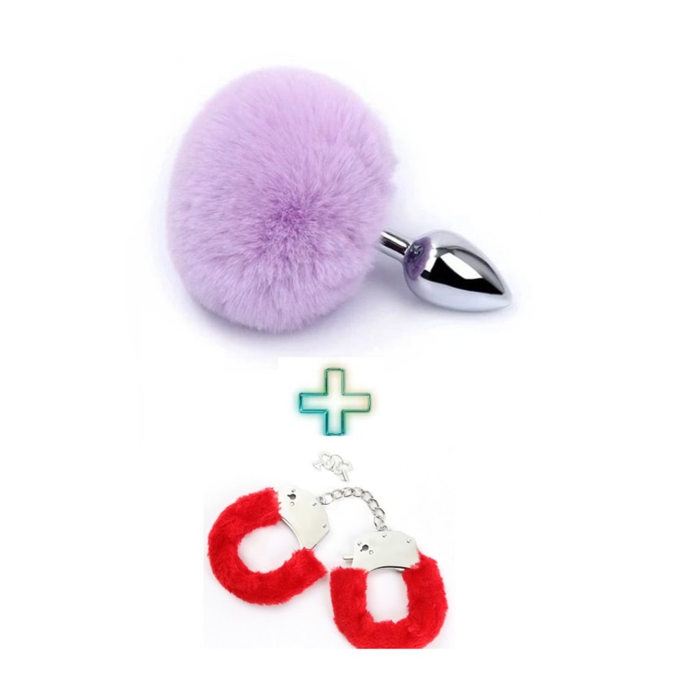 Metal Mor Ponpon Kuyruklu Anal Plug Tıpa ve Kırmızı Peluşlu Kelepçe