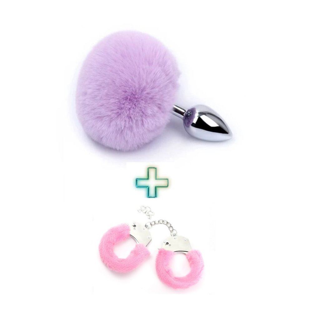 Metal Mor Ponpon Kuyruklu Anal Plug ve Pembe Peluşlu Kelepçe
