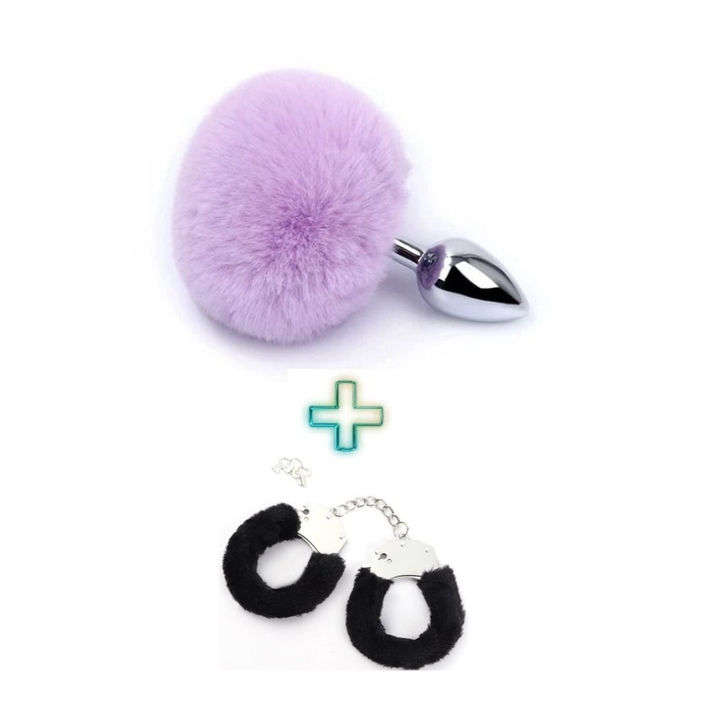 Metal Mor Ponpon Kuyruklu Anal Plug ve Siyah Peluşlu Kelepçe