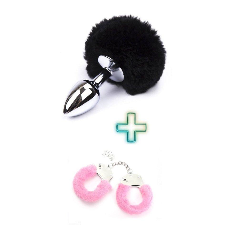 Metal Siyah Ponpon Kuyruklu Anal Plug ve Pembe Peluşlu Kelepçe