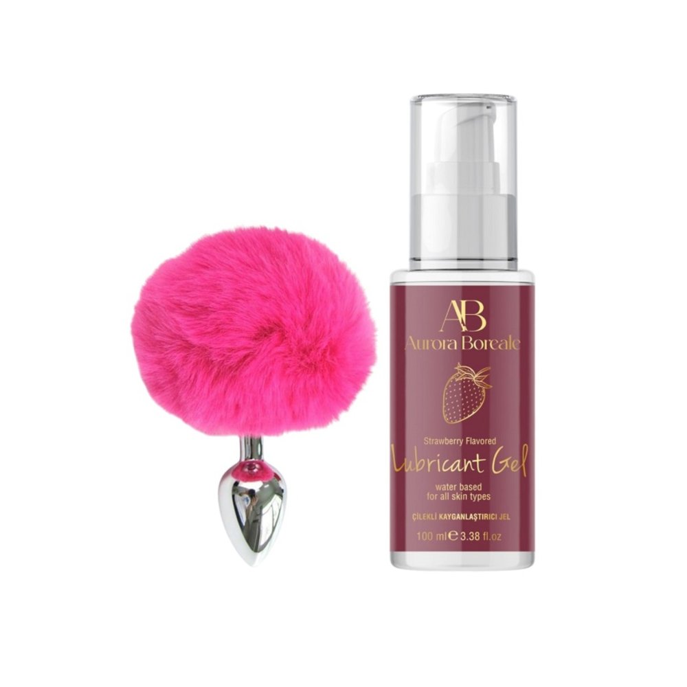 Mor Renk Pompon Anal Plug ve 100 ML Çilekli Kayganlaştırıcı Jel Seti