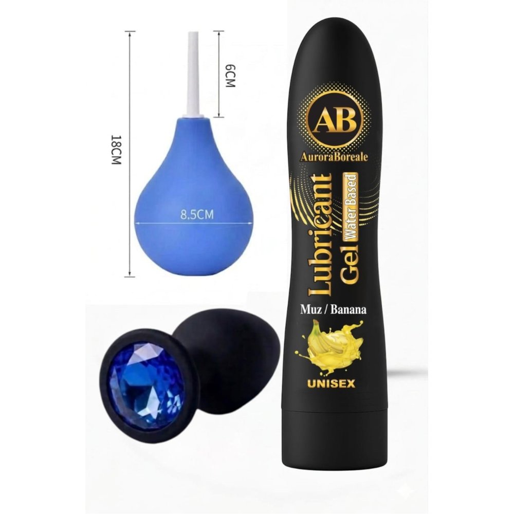 Muzlu Premium Kayganlaştırıcı Jel Temizleme Pompası Mavi Taşlı Aksesuar 3 lü Set
