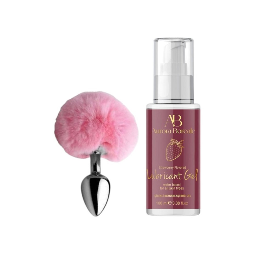Pembe Ponpon Kuyruklu Anal Plug 100 ML Çilekli Kayganlaştırıcı JEl