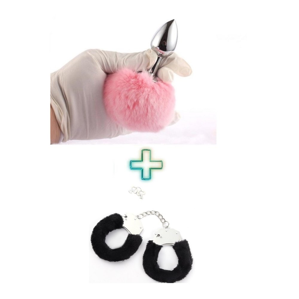 Pembe Ponpon Kuyruklu Anal Plug Tıpa ve Siyah Peluşlu Kelepçe