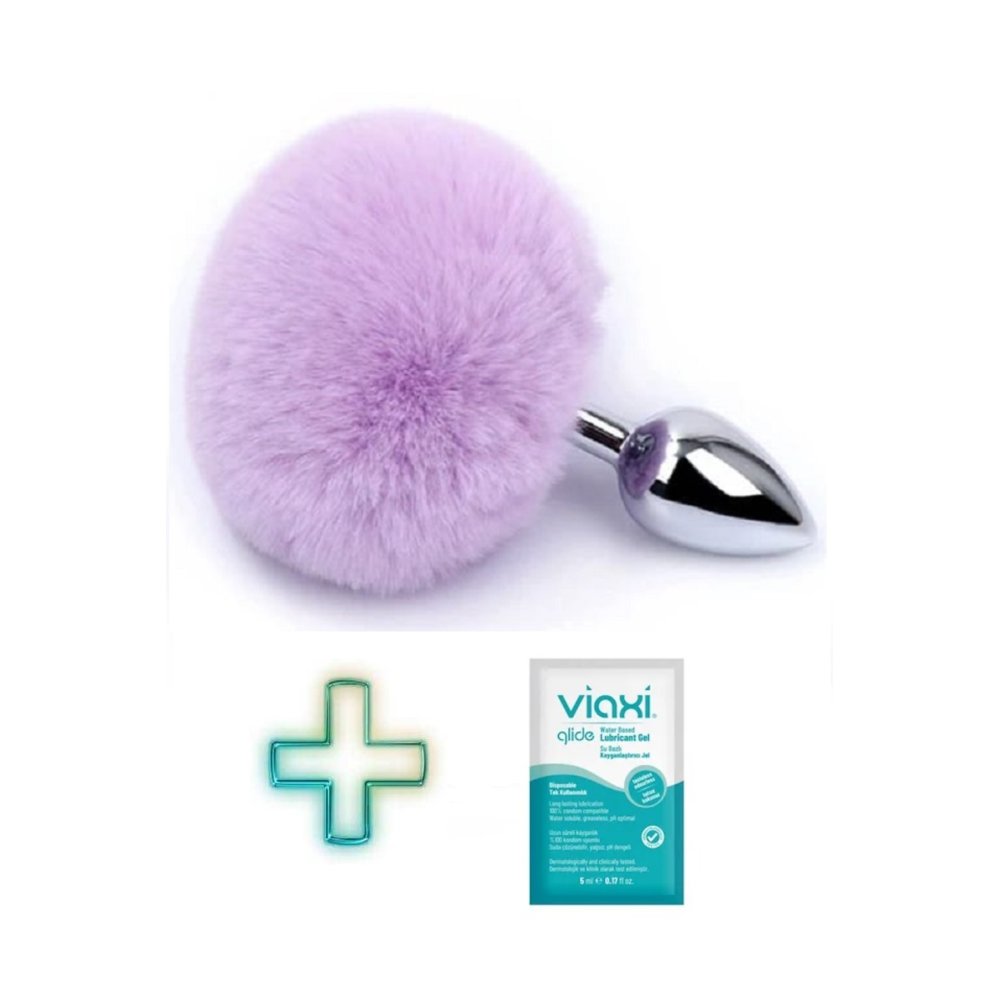 Ponpon Kuyruklu Anal Plug Mor Renkli Peluş Tıpa Kayganlaştırıcı Hediyeli