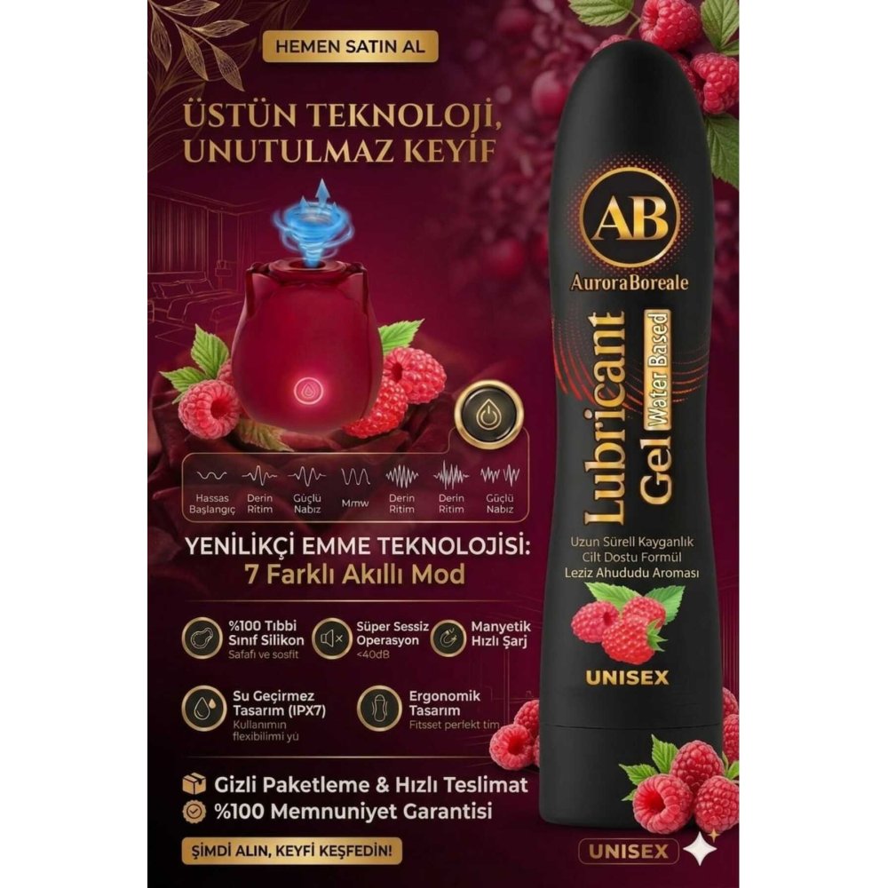Premium 125 ML Ahududu Aromalı Kayganlaştırıcı Jel 7 titreşim Modlu Vakum Gül Aksesuar Set