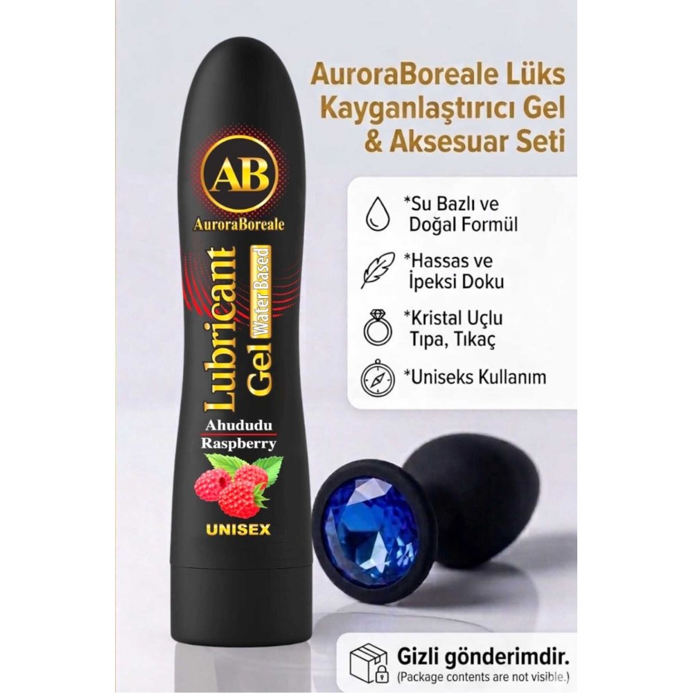 Premium 125 ML Büyük Boy Ahududu Aromalı Kayganlaştırıcı Jel Mavi Taşlı Aksesuar Set