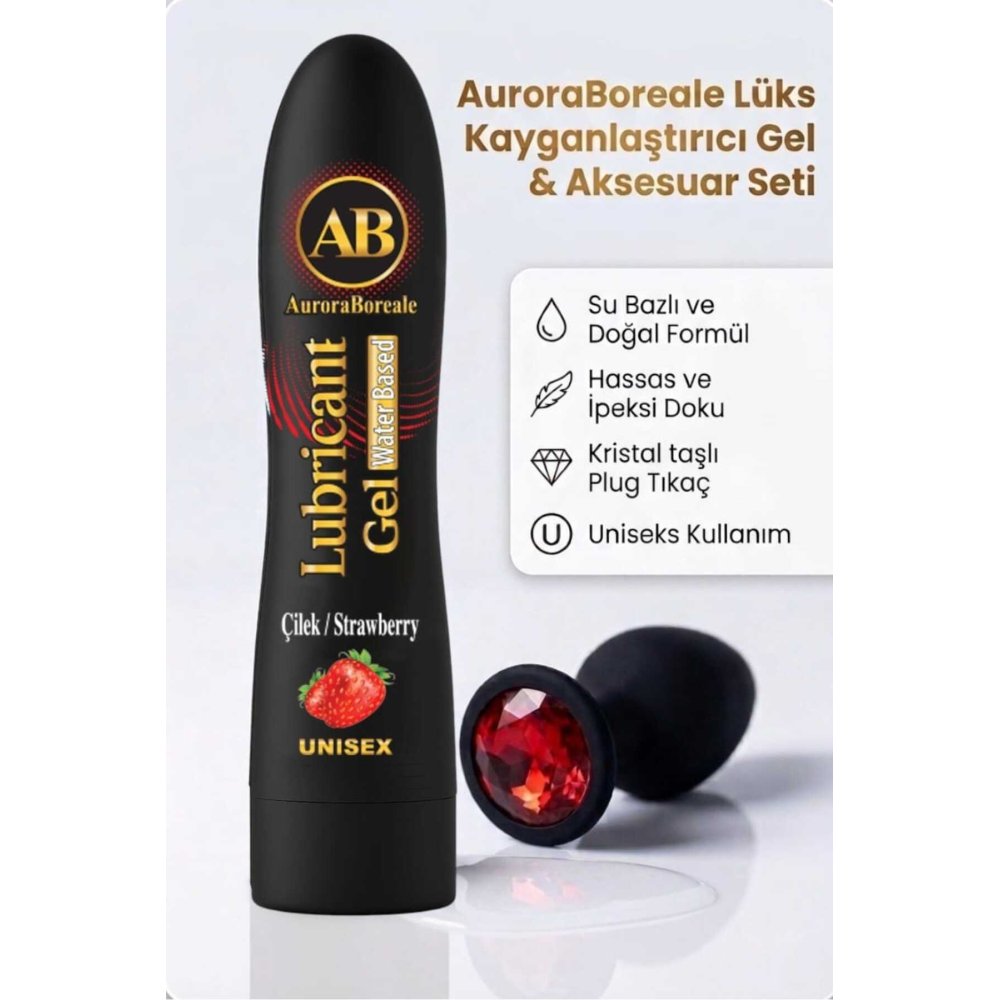 Premium 125 ML Büyük Boy Çilekli Kayganlaştırıcı Jel Kırmızı Taşlı Aksesuar 2 li Set