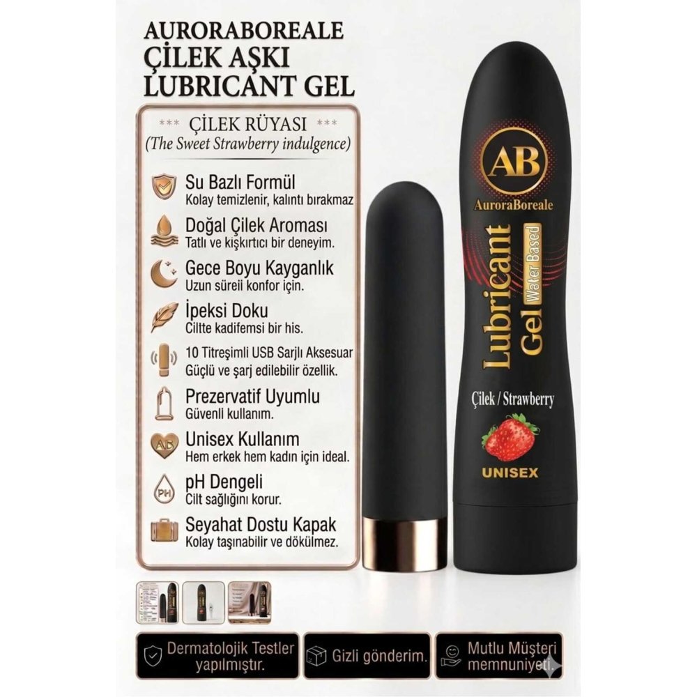 Premium 125 ML Çilekli Kayganlaştırıcı Jel USB Şarjlı 10 Titreşim Modlu Aksesuar Set