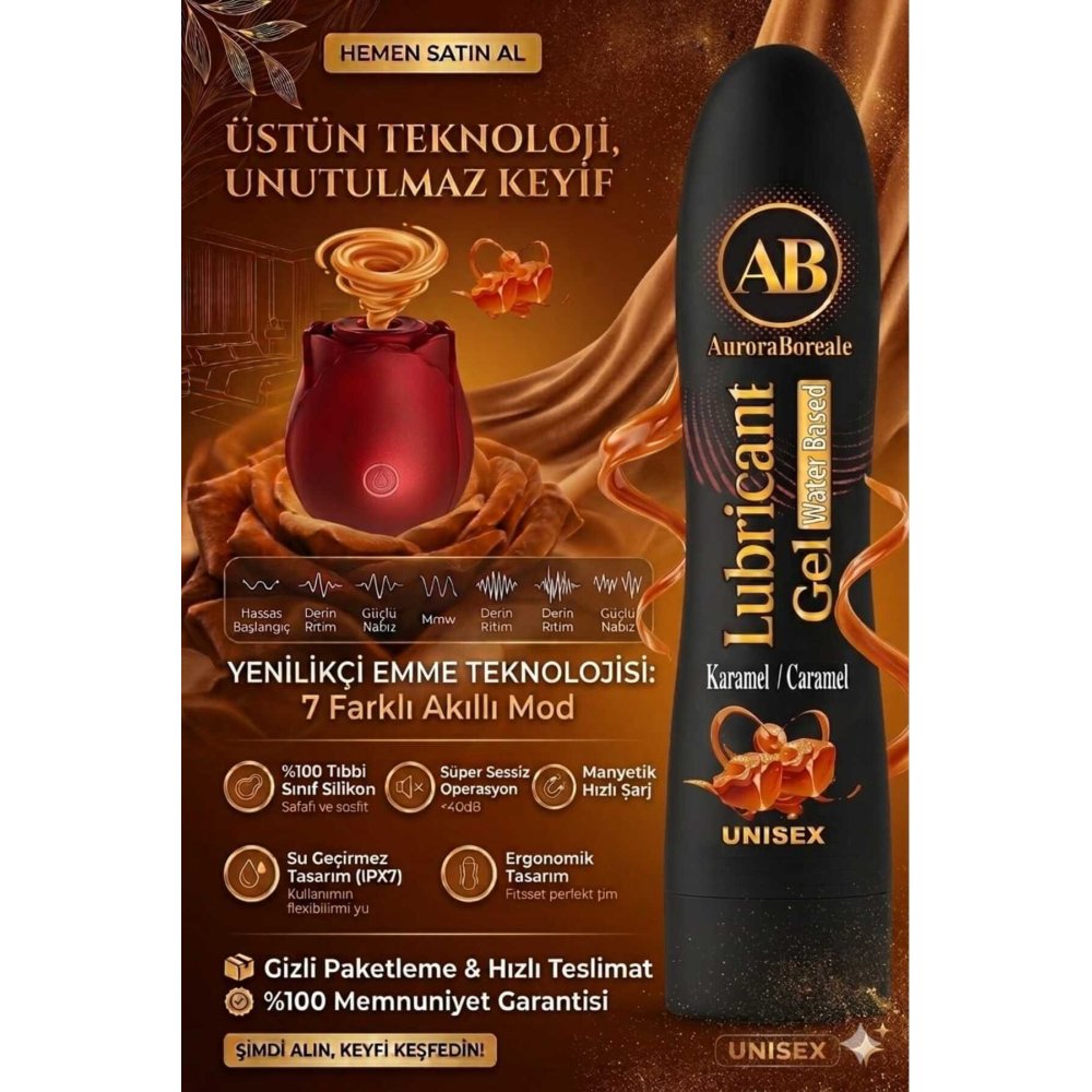 Premium 125 ML Karamelli Kayganlaştırıcı Jel 7 titreşim Modlu ve Vakum Gül Aksesuar Set