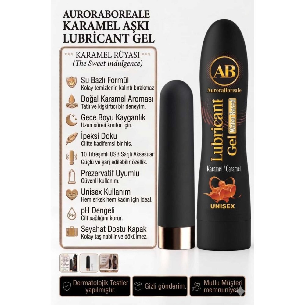 Premium 125 ML Karamelli Kayganlaştırıcı Jel USB Şarjlı 10 Titreşim Modlu Aksesuar Set