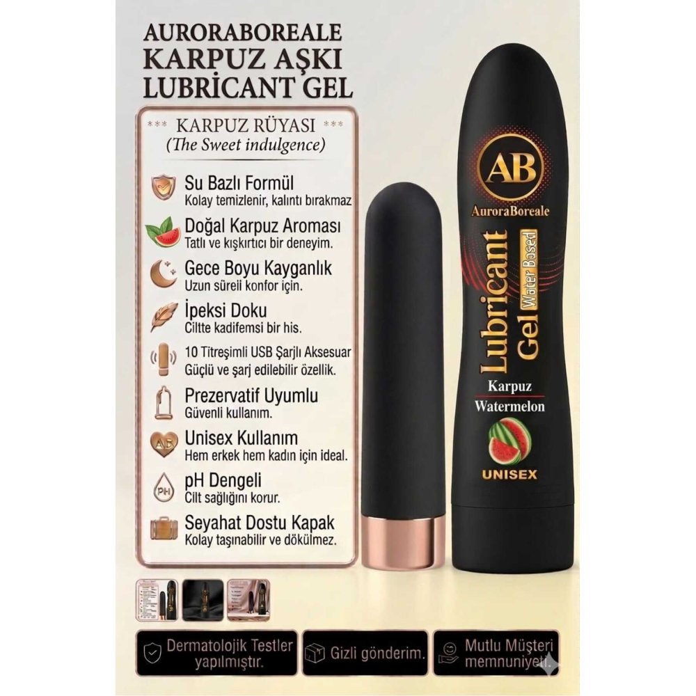 Premium 125 ML Karpuzlu Kayganlaştırıcı Jel USB Şarjlı 10 Titreşim Modlu Aksesuar Set
