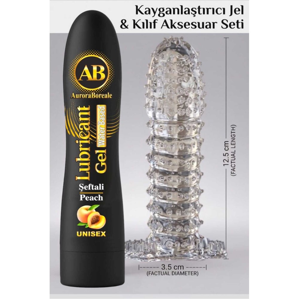 Premium 125 ML Şeftali Aromalı Kayganlaştırıcı Jel Şeffaf Kılıf Tırtıklı Prezervatif 2 li Set