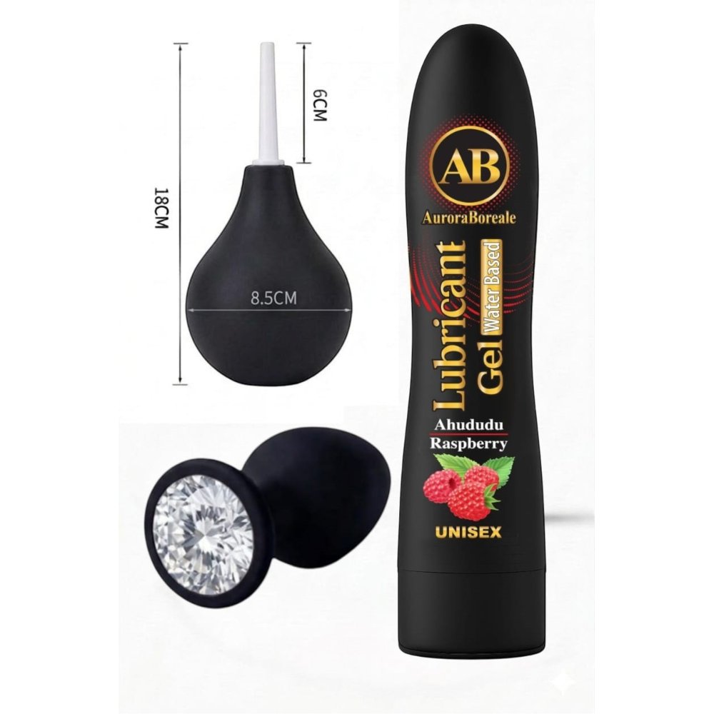 Premium Ahududu Aromalı Kayganlaştırıcı Jel Siyah Pompası Beyaz Taşlı Aksesuar Set