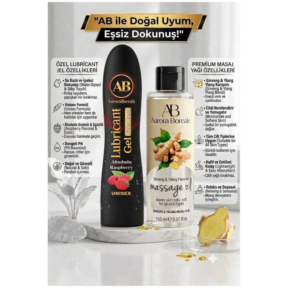 Premium Ahududu Aromalı Kayganlaştırıcı Lubricant Jel 150 ML Gingseng Kokulu Masaj Jeli 2 li Set