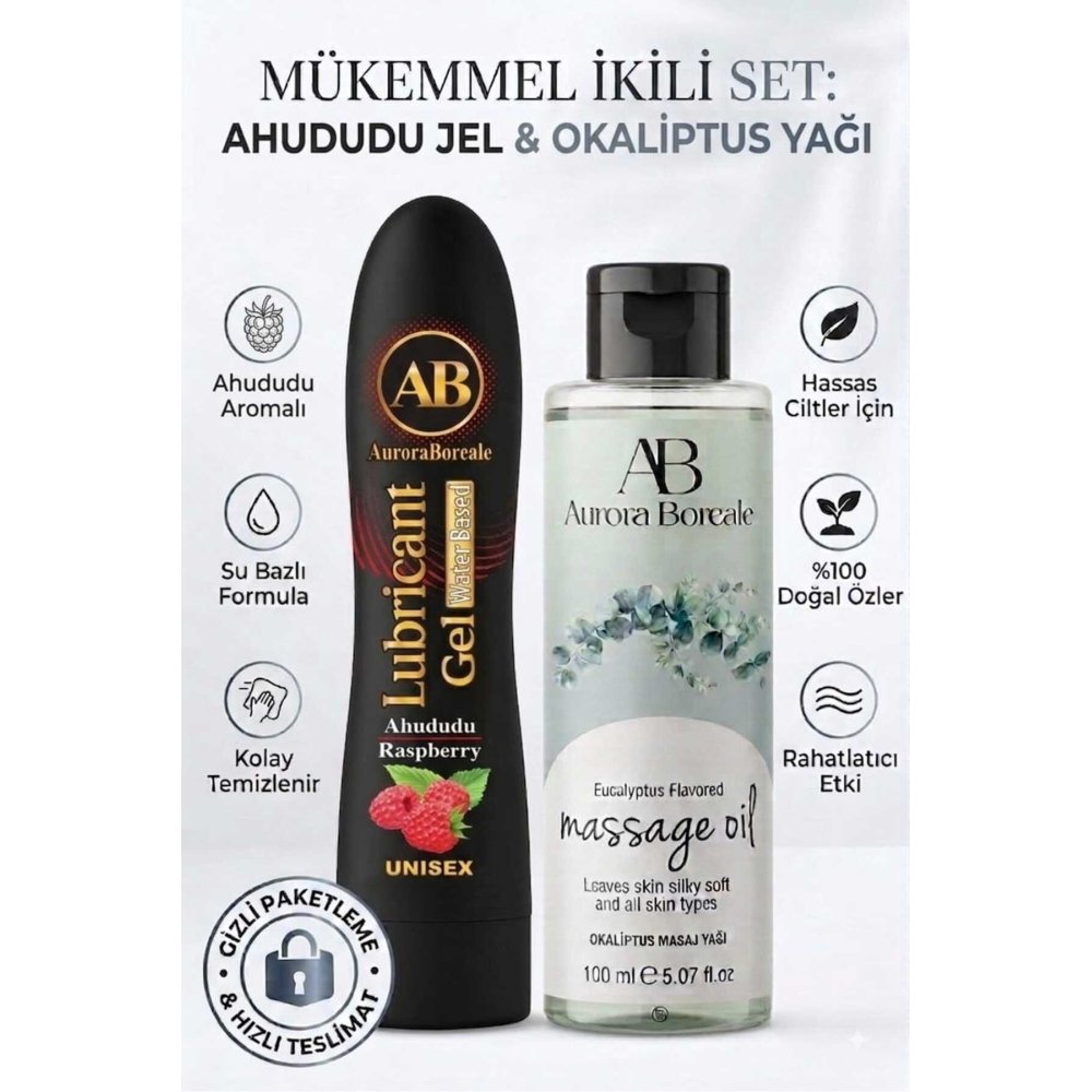 Premium Ahududu Aromalı Kayganlaştırıcı Lubricant Jel Okaliptus Masaj Yağı 2 Li Set