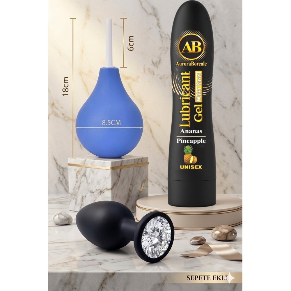 Premium Anal Tıkaç Plug Temizleme Pompası Ananaslı Kayganlaştırıcı Jel 3 lü Anal Oyuncak Set