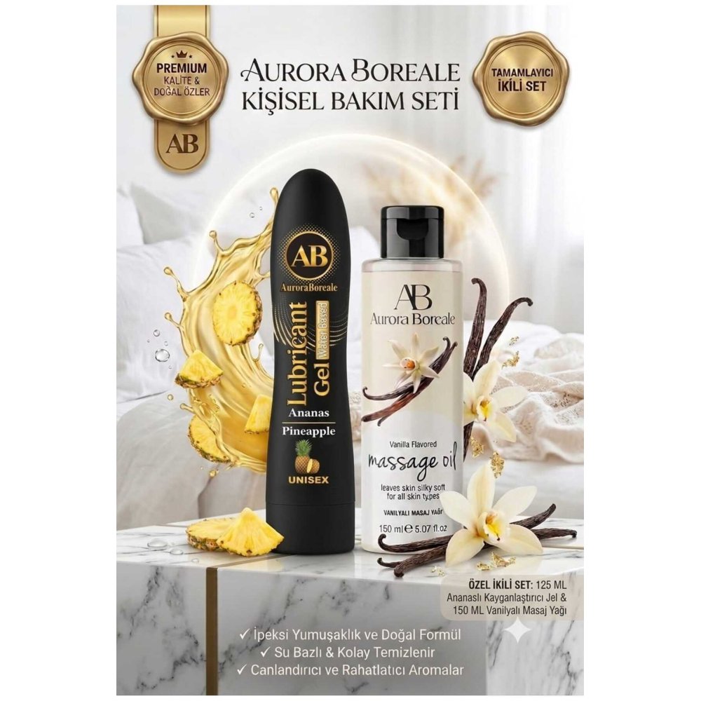 Premium Ananas Aromalı Kayganlaştırıcı Jel Vanilya Kokulu Masaj Yağı 2 si 1 Arada Set
