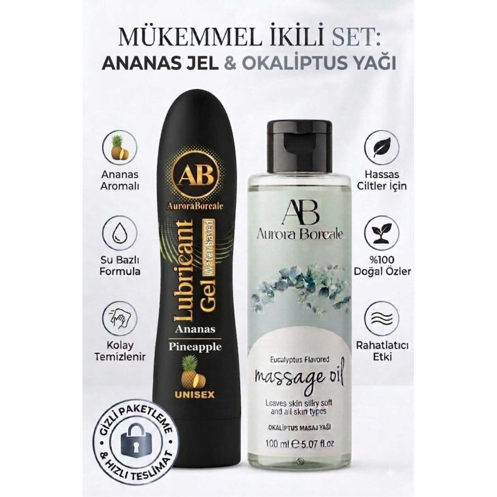 Premium Ananaslı Kayganlaştırıcı Lubricant Jel Okaliptus Masaj Yağı 2 Li Set