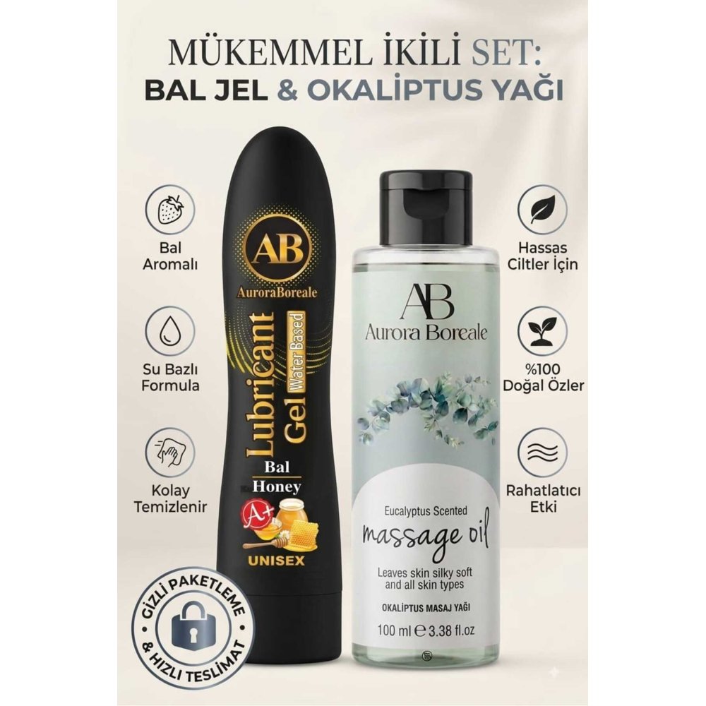 Premium Bal Aromalı Kayganlaştırıcı Lubricant Jel Okaliptus Masaj Yağı 2 Li Set