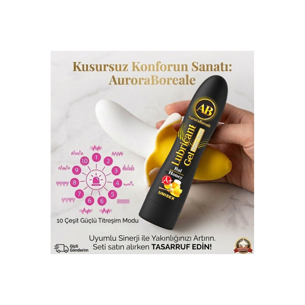 Premium Ballı Kayganlaştırıcı Jel 10 Modlu Muz Tasarımlı Masaj Aleti Aksesuar 2 li Seti