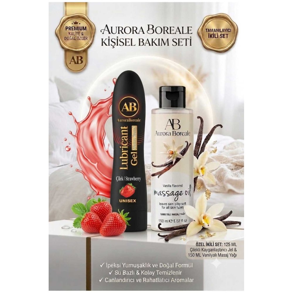 Premium Çilek Aromalı Kayganlaştırıcı Jel Vanilya Kokulu Masaj Yağı 2 si 1 Arada Set