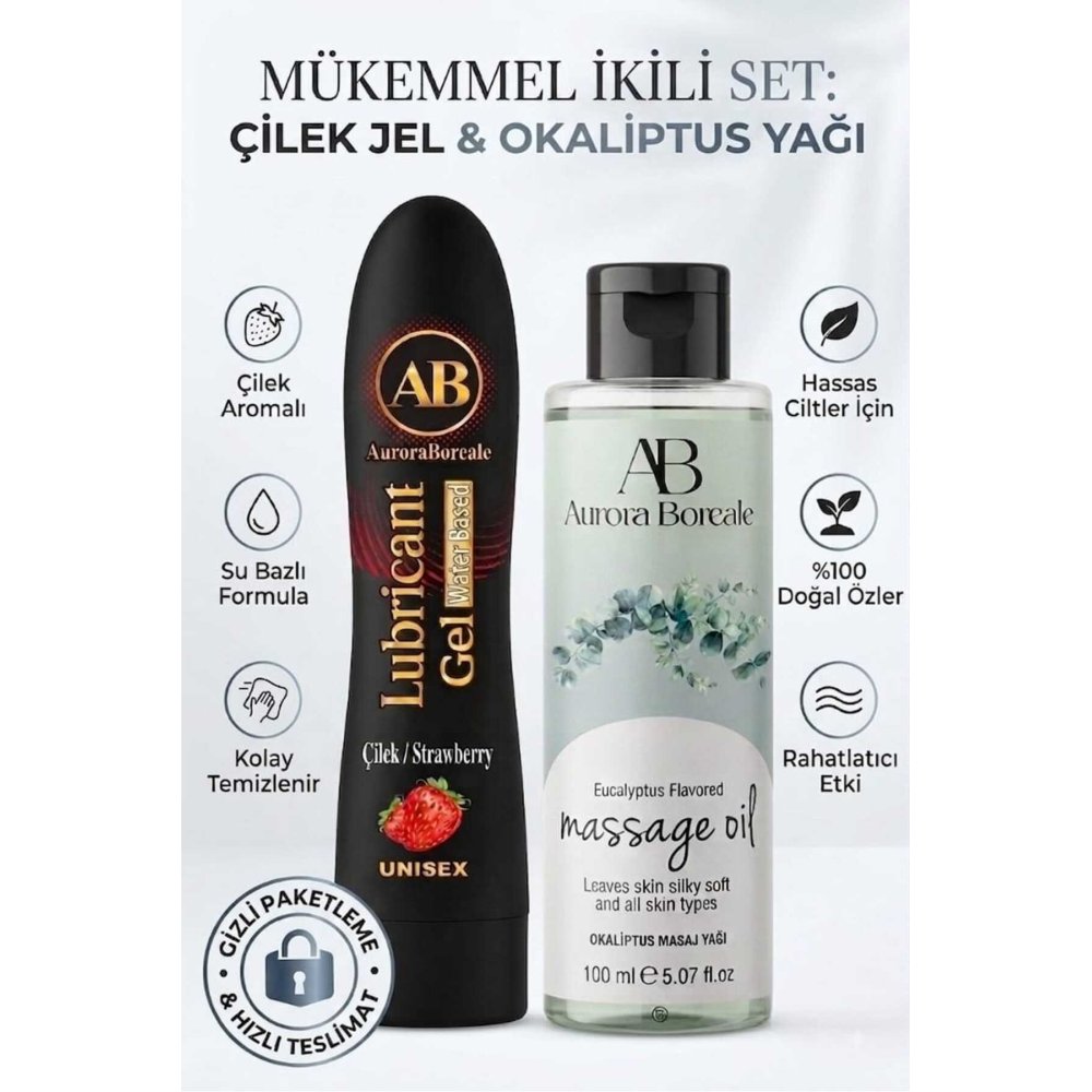 Premium Çilekli Kayganlaştırıcı Lubricant Jel Okaliptus Masaj Yağı 2 Li Set
