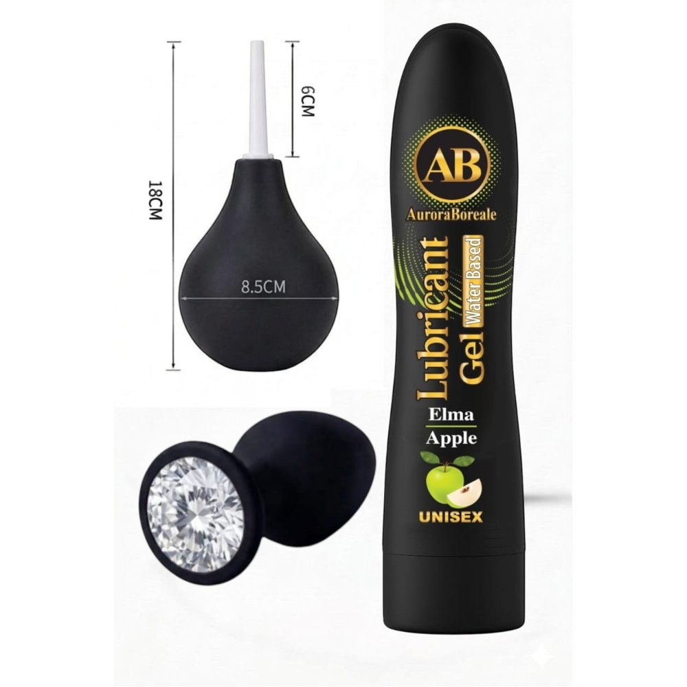 Premium Elmalı Kayganlaştırıcı Jel Siyah Pompası Beyaz Taşlı Aksesuar 3 lü Set