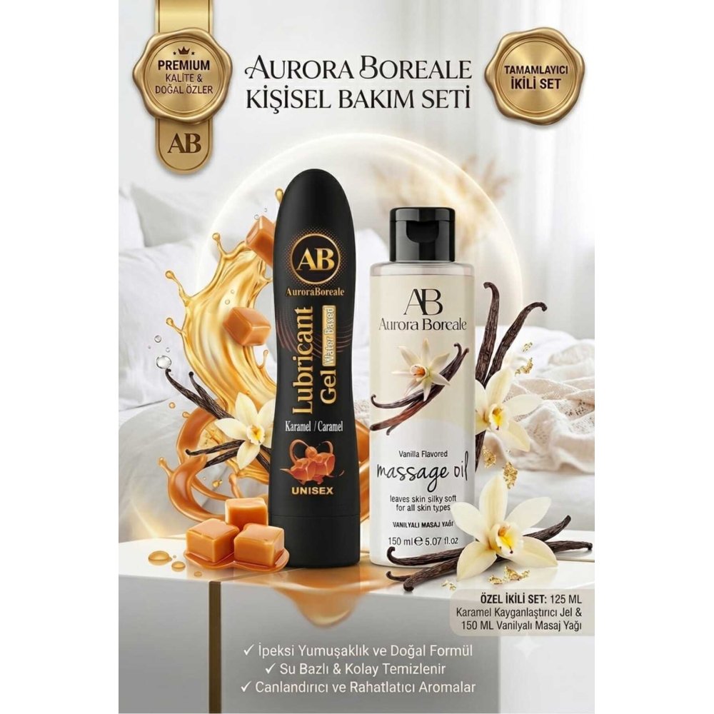 Premium Karamel Aromalı Kayganlaştırıcı Jel Vanilya Kokulu Masaj Yağı 2 si 1 Arada Set