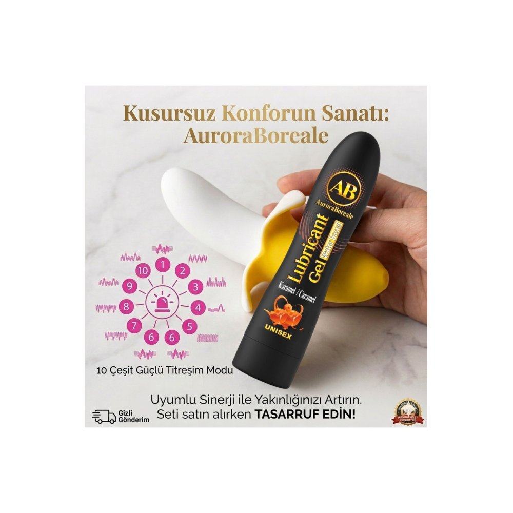 Premium Karamelli Kayganlaştırıcı Jel 10 Modlu Muz Tasarımlı Masaj Aleti Aksesuar 2 li Seti