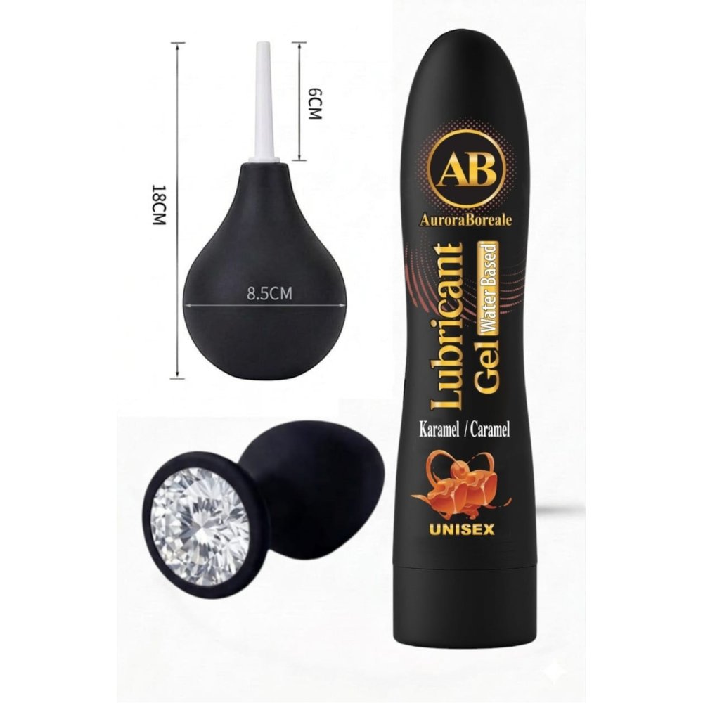 Premium Karamelli Kayganlaştırıcı Jel Siyah Pompası Beyaz Taşlı Aksesuar 3 lü Set