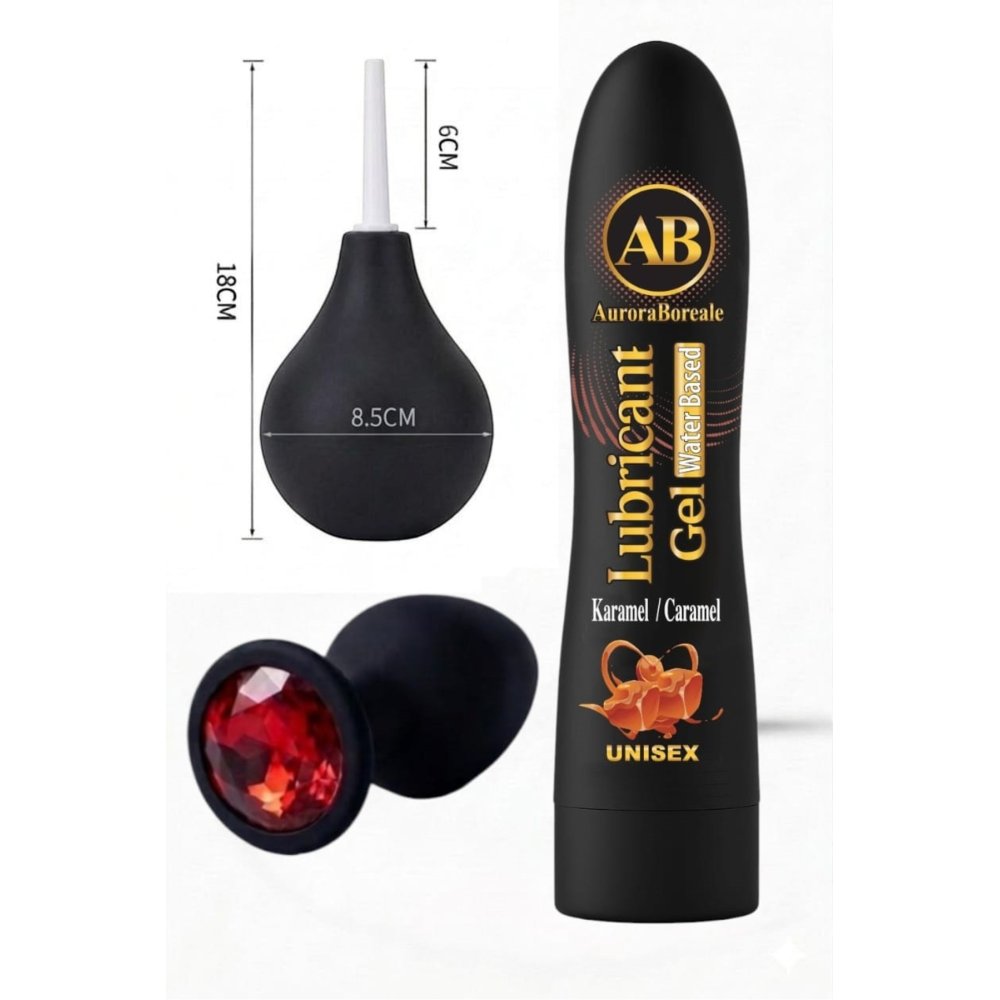 Premium Karamelli Kayganlaştırıcı Jel Temizleme Pompası Kırmızı Taşlı Aksesuar 3 lü Set