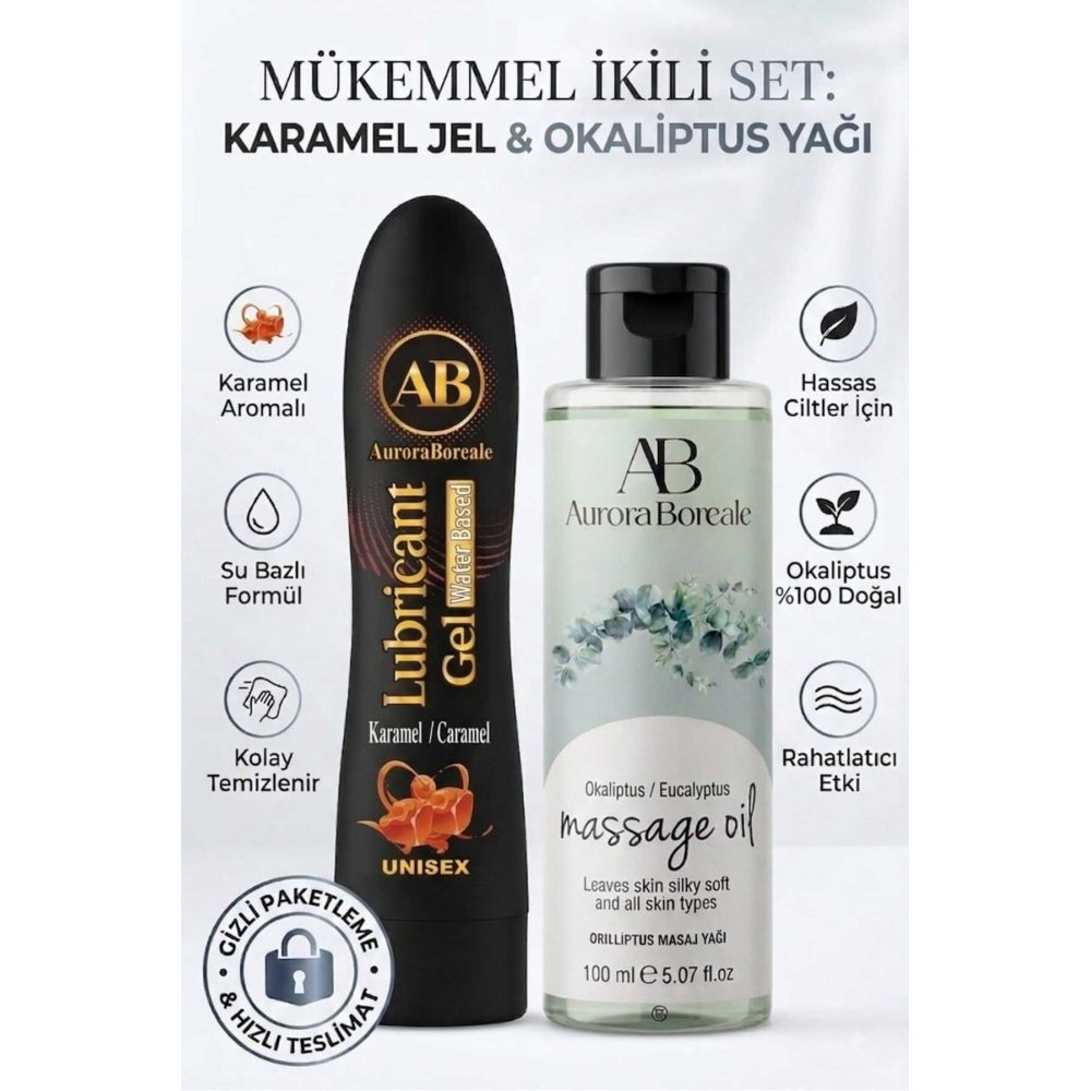 Premium Karamelli Kayganlaştırıcı Lubricant Jel Okaliptus Masaj Yağı 2 Li Set