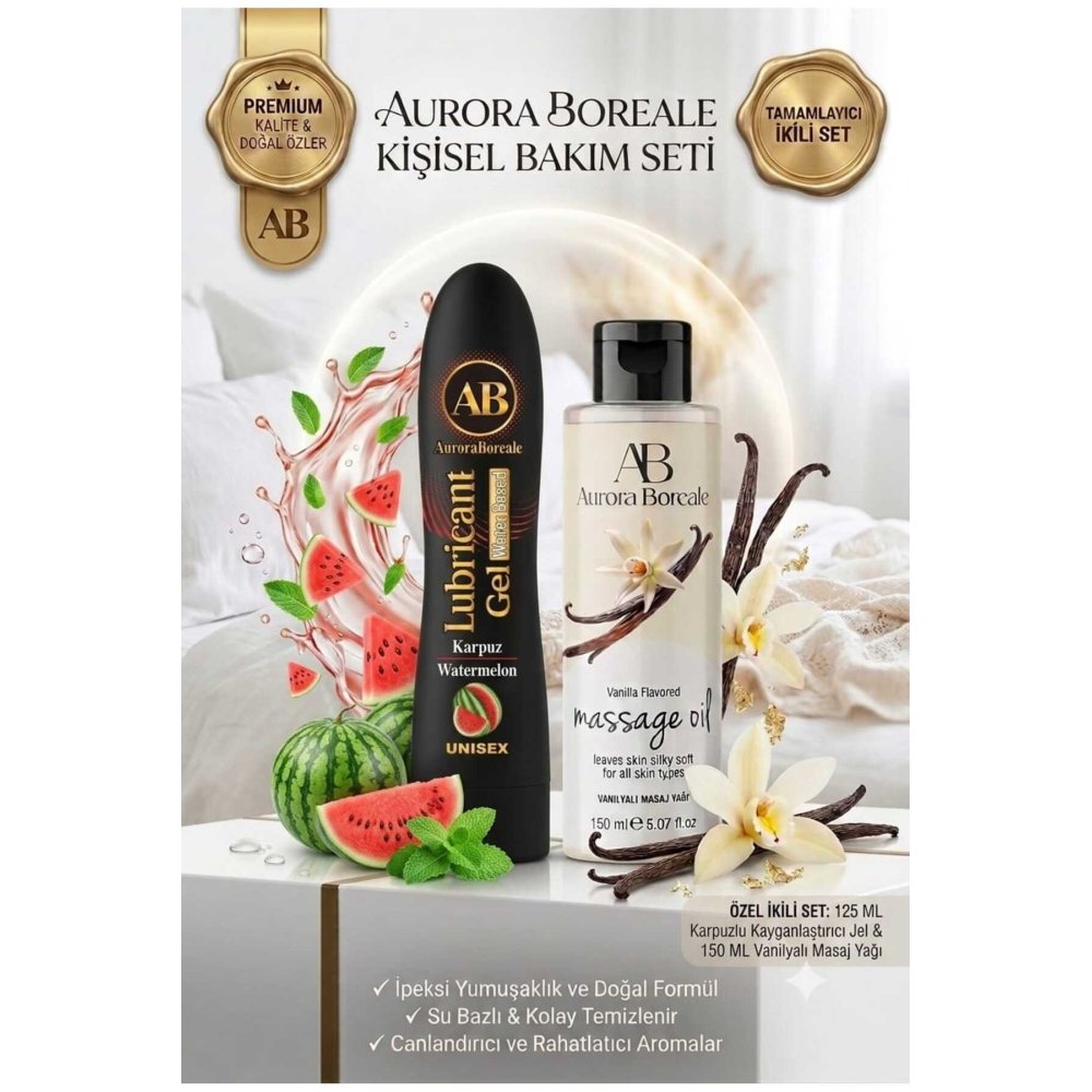 Premium Karpuz Aromalı Kayganlaştırıcı Jel Vanilya Kokulu Masaj Yağı 2 si 1 Arada Set