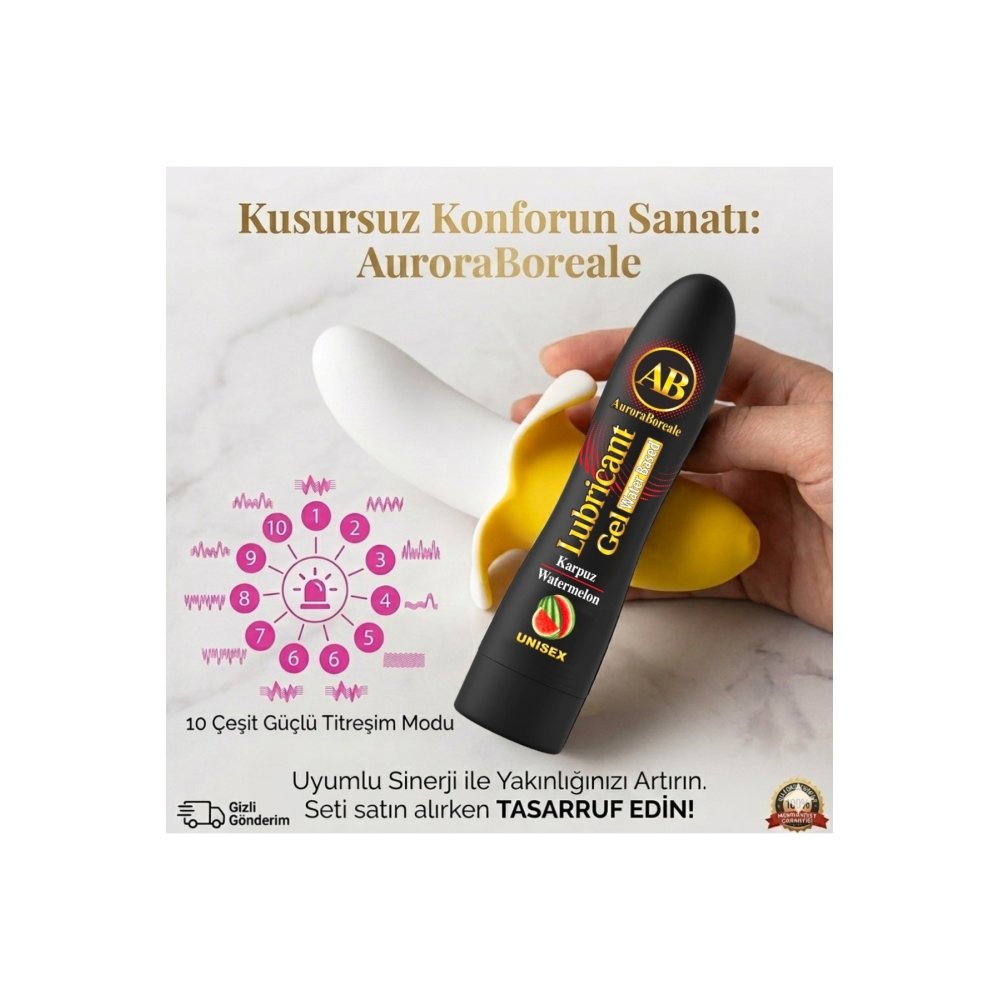 Premium Karpuzlu Kayganlaştırıcı Jel 10 Modlu Muz Tasarımlı Masaj Aleti Aksesuar 2 li Seti