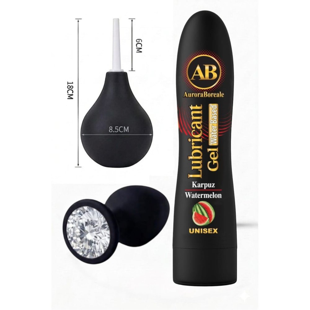 Premium Karpuzlu Kayganlaştırıcı Jel Siyah Pompası Beyaz Taşlı Aksesuar 3 lü Set
