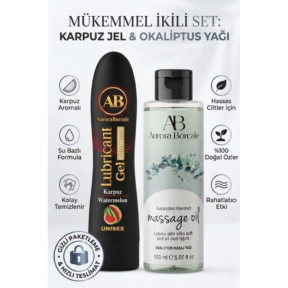 Premium Karpuzlu Kayganlaştırıcı Lubricant Jel Okaliptus Masaj Yağı 2 Li Set