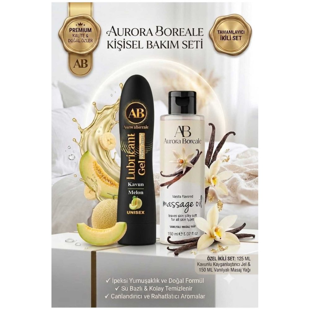 Premium Kavun Aromalı Kayganlaştırıcı Jel Vanilya Kokulu Masaj Yağı 2 si 1 Arada Set