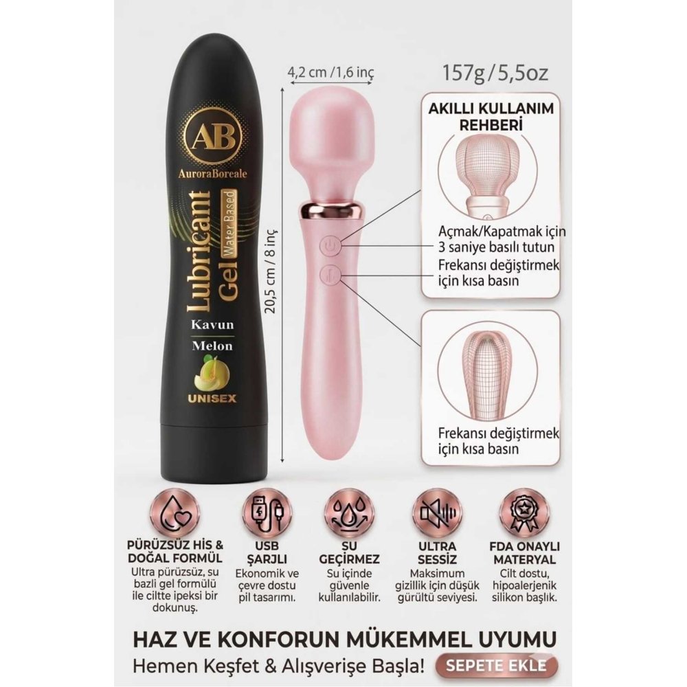 Premium Kavunlu Kayganlaştırıcı Jel 10 Titreşim Modlu Masaj Aksesuar Set