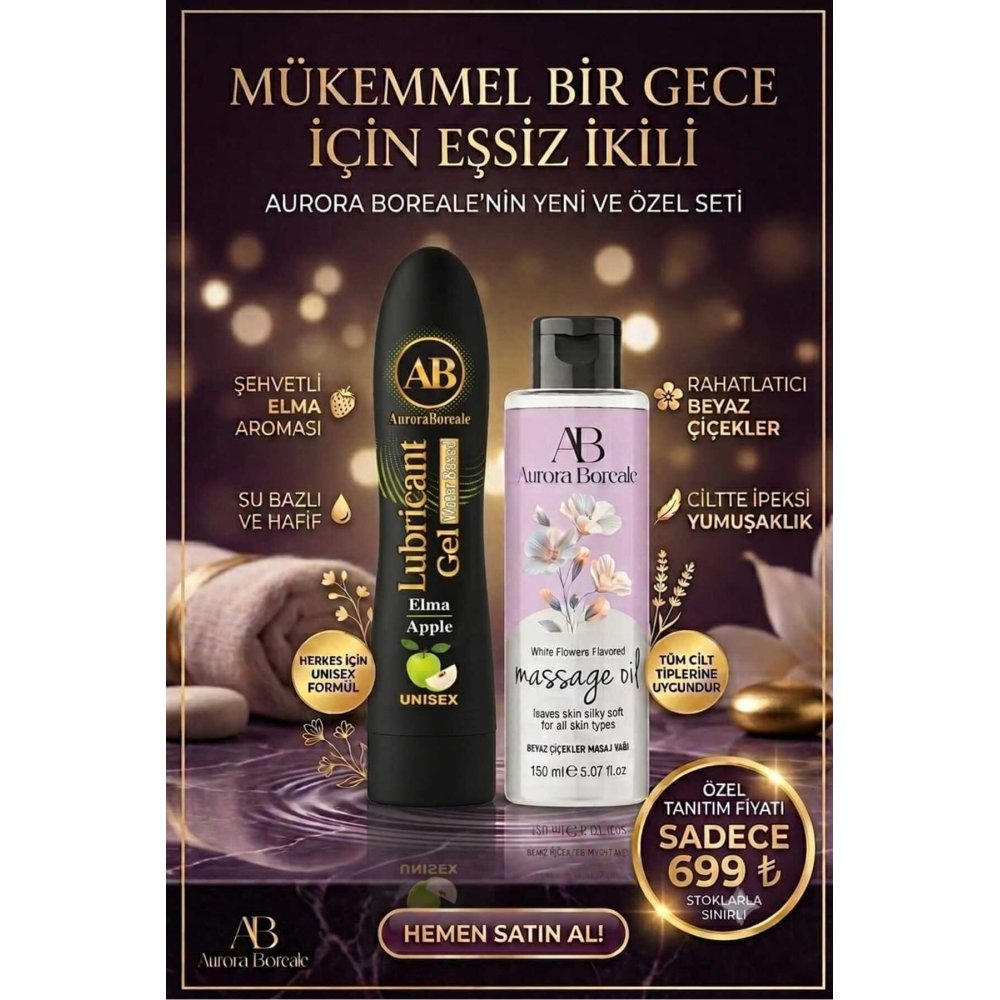 Premium Kayganlık Yeşil Elma Aromalı Kayganlaştırıcı Jel Beyaz Çiçekler Masaj Jeli 2 li Avantajlı Set