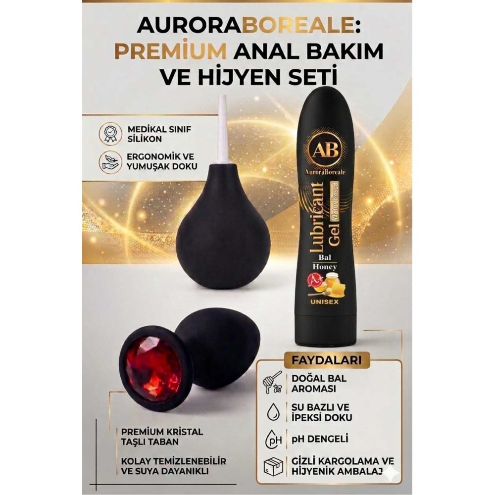 Premium Kırmızı Taşlı Anal Tıkaç Plug Temizleme Pompası Ballı Kayganlaştırıcı Anal Oyuncak Set