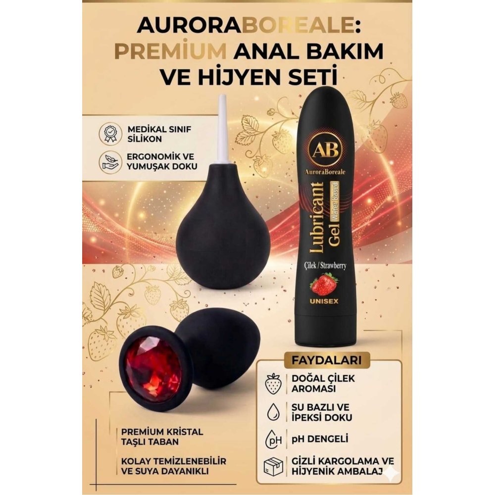 Premium Kırmızı Taşlı Anal Tıkaç Plug Temizleme Pompası Çilekli Kayganlaştırıcı Anal Oyuncak Set