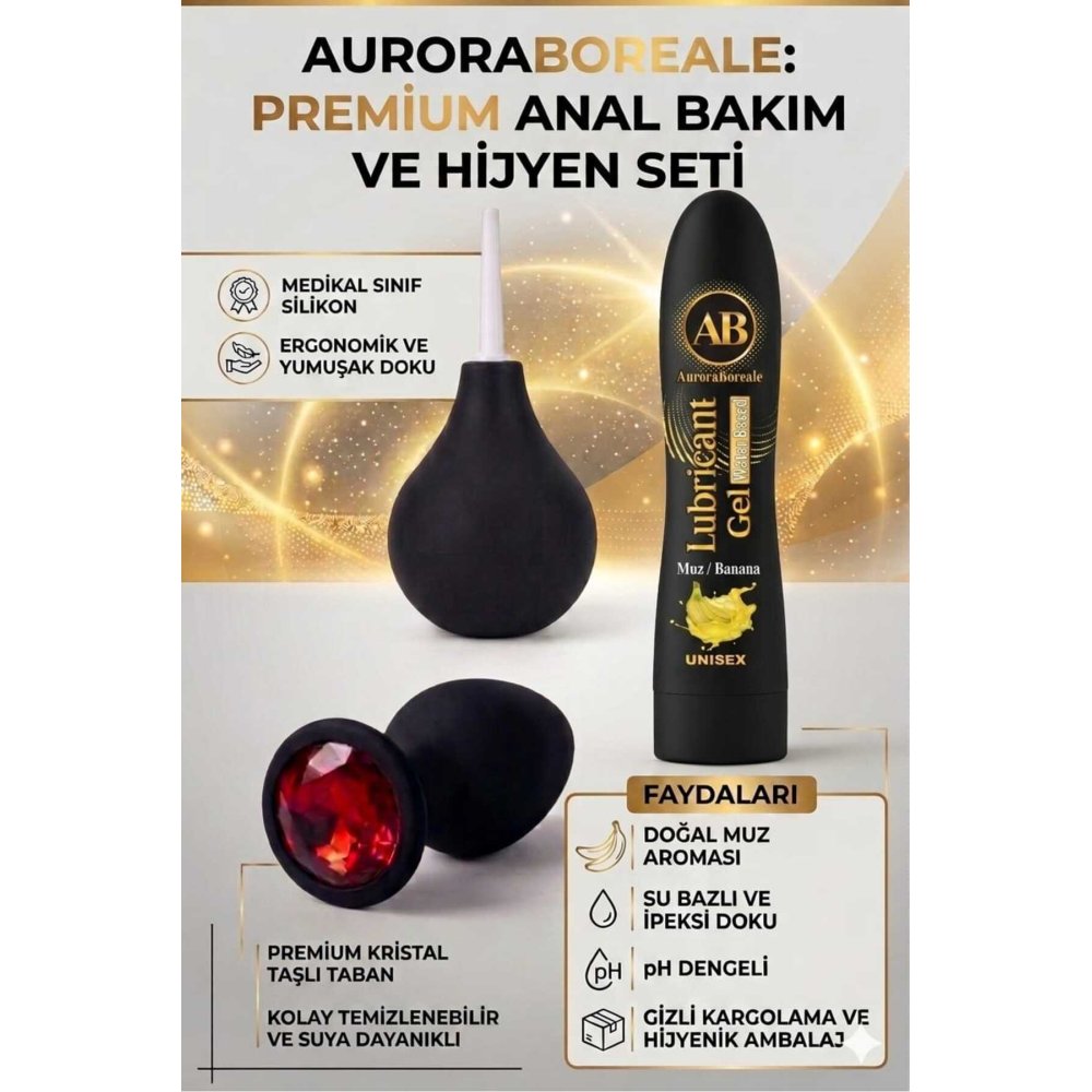 Premium Kırmızı Taşlı Anal Tıkaç Plug Temizleme Pompası Muzlu Kayganlaştırıcı Anal Oyuncak Set