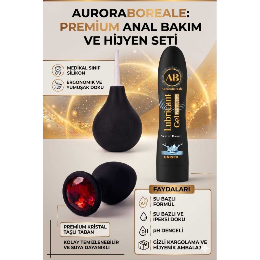 Premium Kırmızı Taşlı Anal Tıkaç Plug Temizleme Pompası Sade Kayganlaştırıcı Anal Oyuncak Set