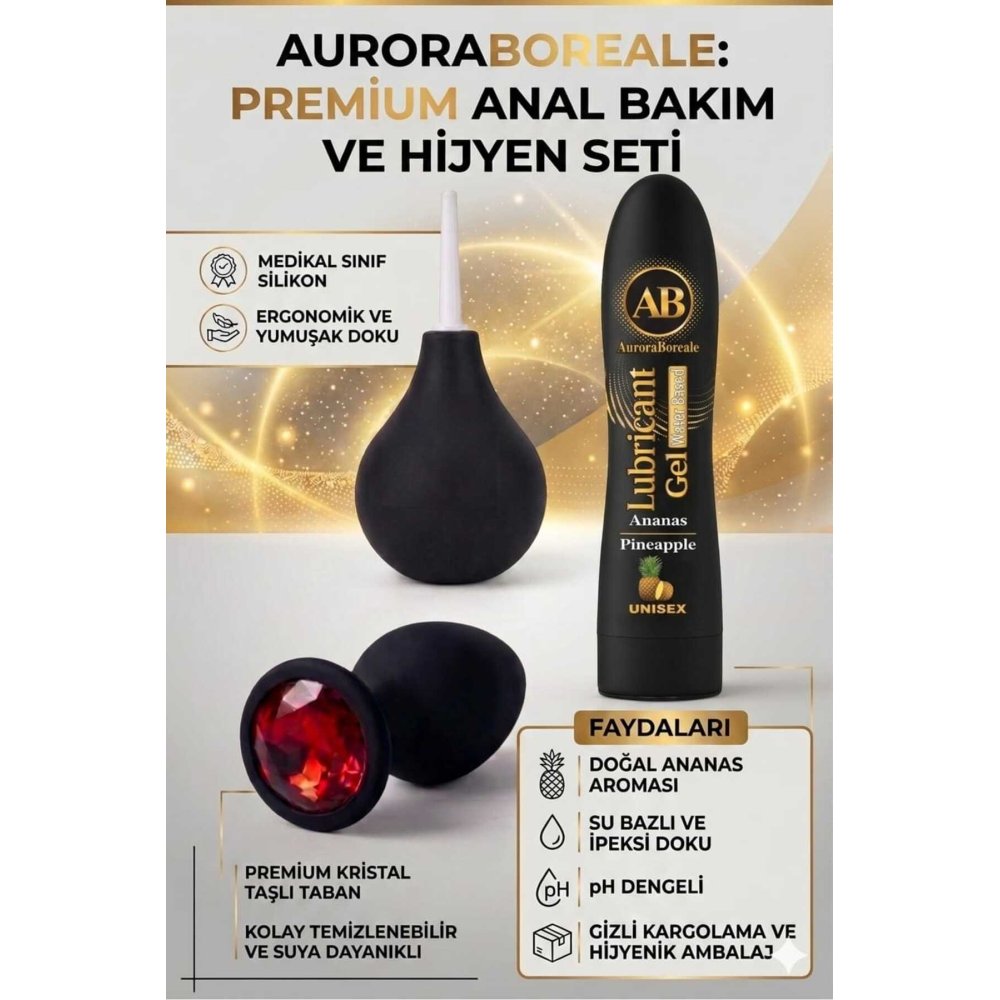 Premium Kırmızı Taşlı Anal Tıkaç Temizleme Pompası Ananaslı Kayganlaştırıcı Anal Oyuncak Set