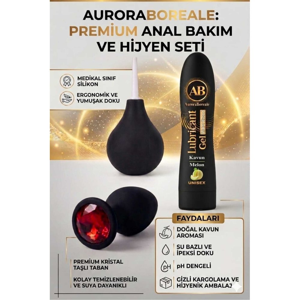 Premium Kırmızı Taşlı Anal Tıkaç Temizleme Pompası Kavunlu Kayganlaştırıcı Anal Oyuncak Set