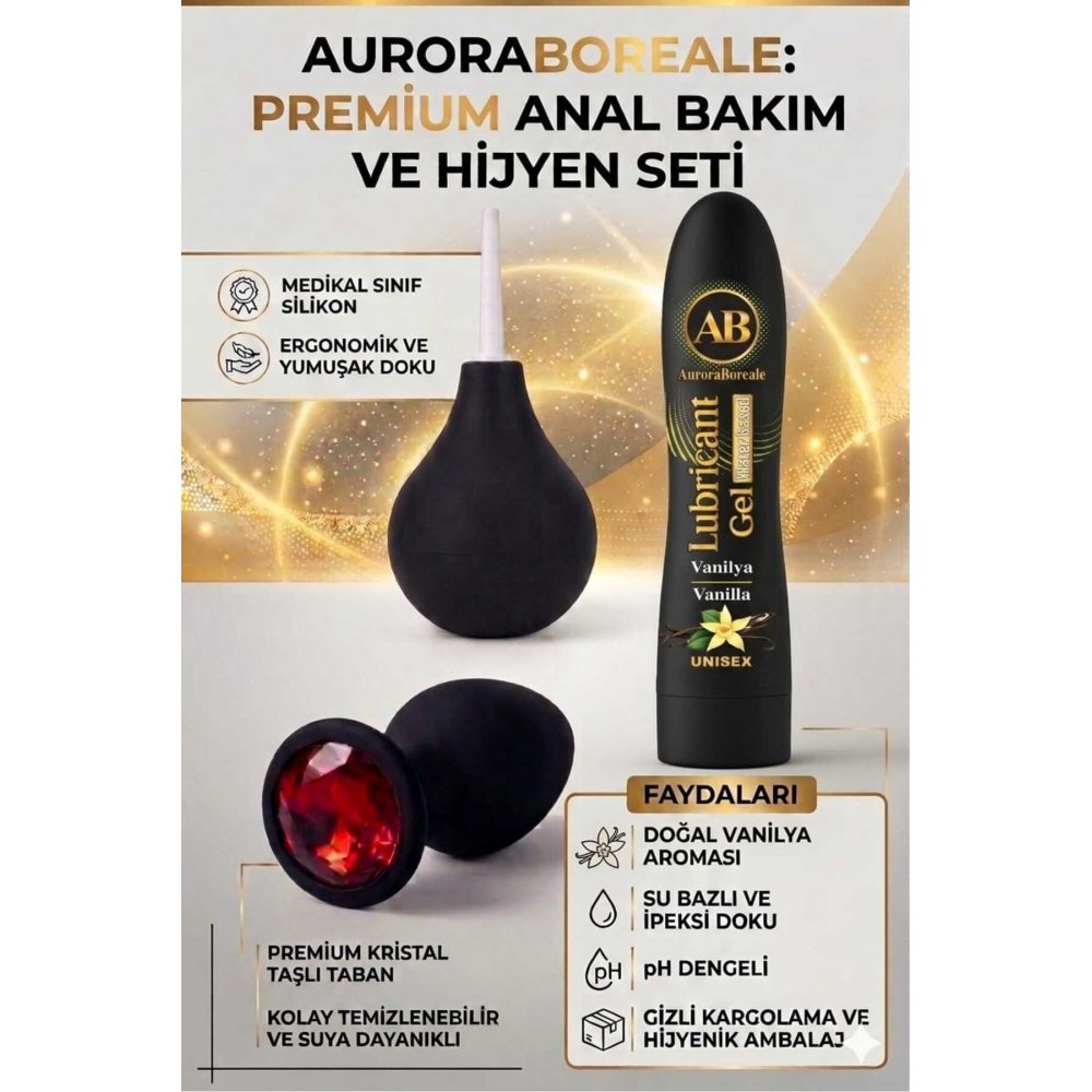 Premium Kırmızı Taşlı Anal Tıkaç Temizleme Pompası Vanilyalı Kayganlaştırıcı Anal Oyuncak Set