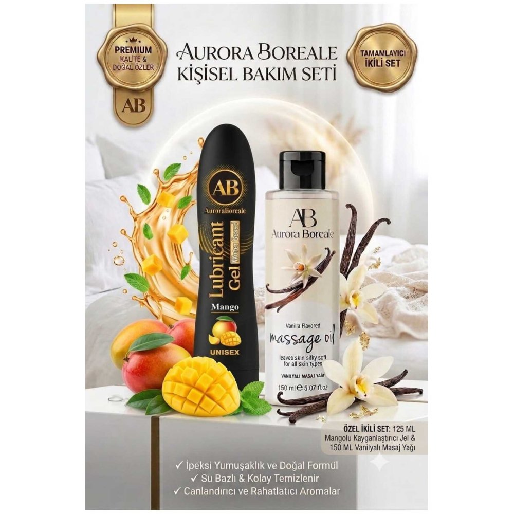 Premium Mango Aromalı Kayganlaştırıcı Jel Vanilya Kokulu Masaj Yağı 2 si 1 Arada Set